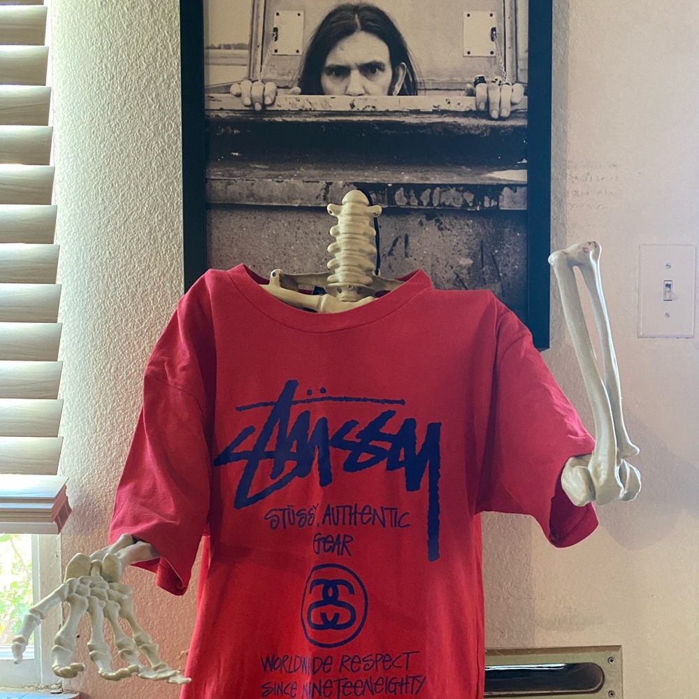 STUSSY AUTHENTIC GEAR Drum & Bass Club Respect Large Red w/ Blue T-Shirt
